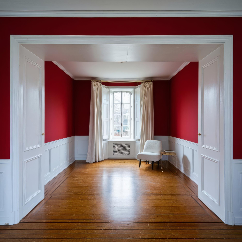 Interior en proceso de acabado con drywall, pintura y herramientas de obra