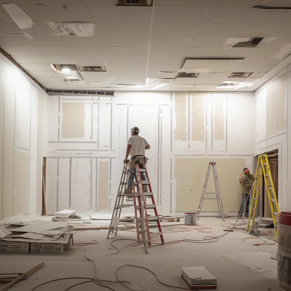 Trabajo de acabados de construcción: drywall y pintura en obra