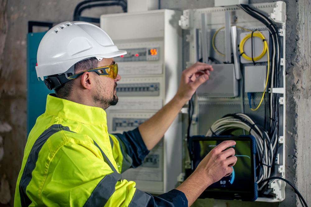 Técnico realizando mantenimiento eléctrico industrial en tablero